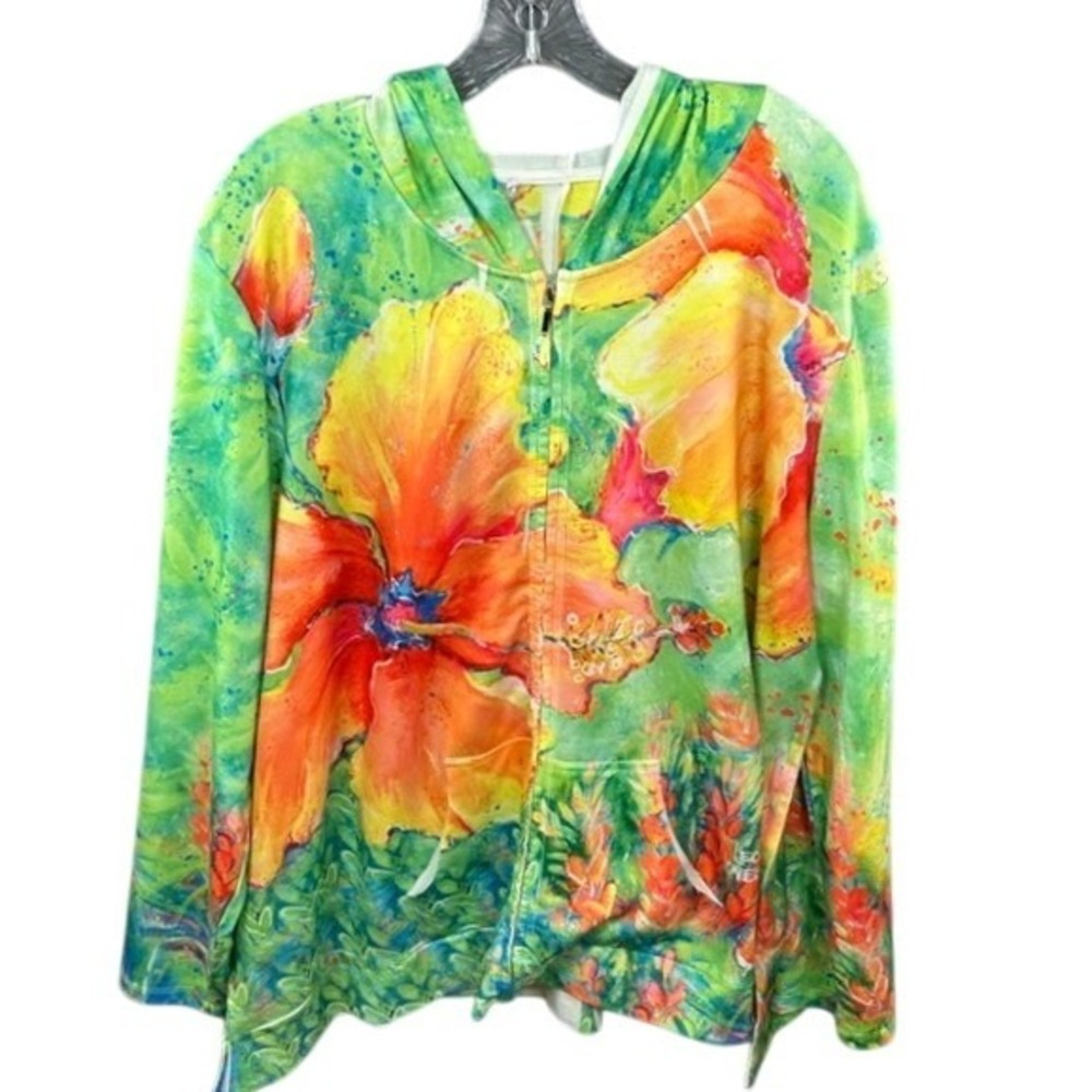 Leoma Lovegrove Women's Tropical Hibiscus Floral Full Zip Hooded Jacket XXXL Art